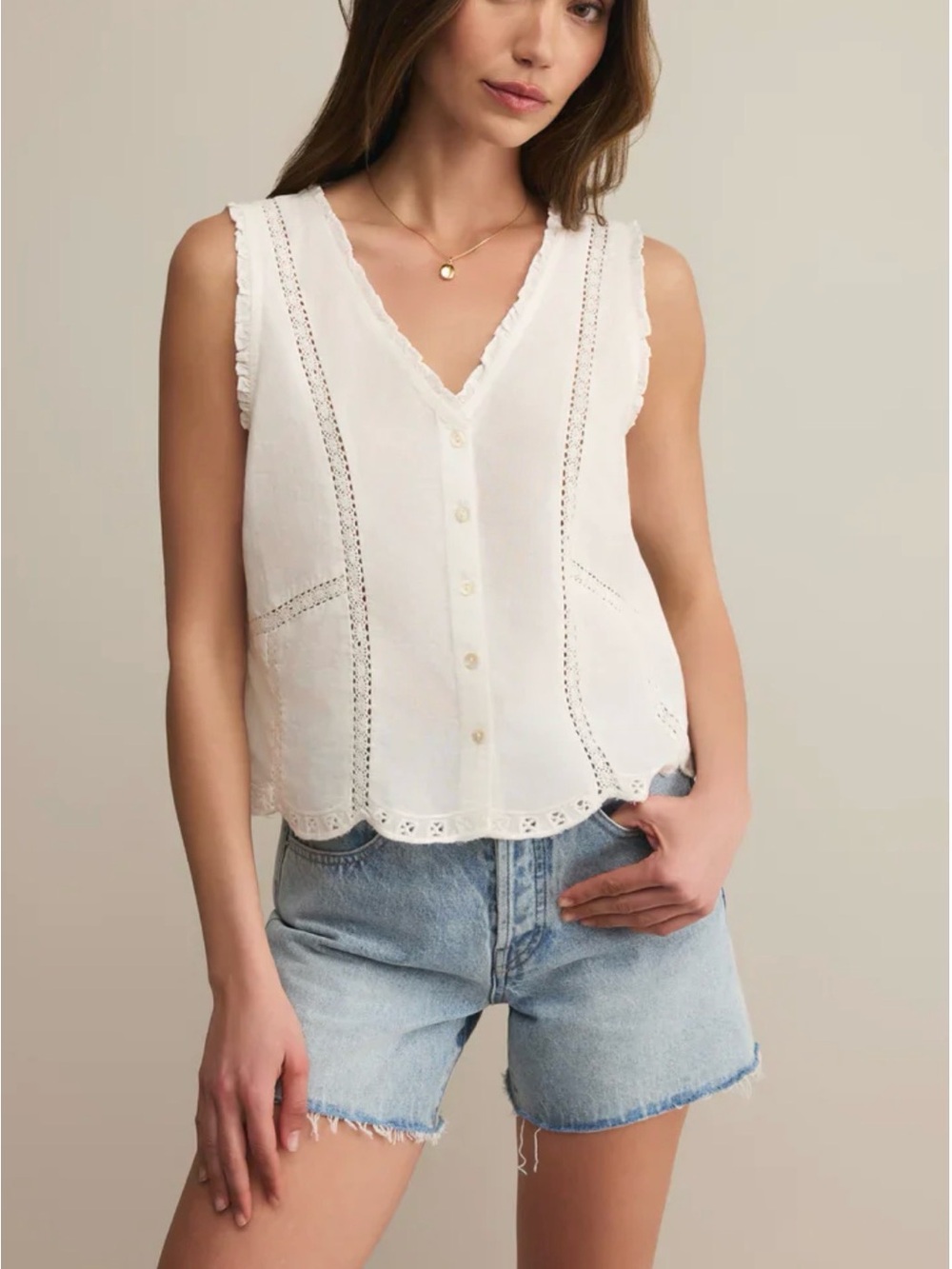 Z SUPPLY Tomi Embroidered Cotton Tank LARGE WHITE Cotton